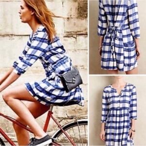 MAEVE Anthropologie Gingham Blue White Checkered Y Neck 3/4 Sleeve Dress Small